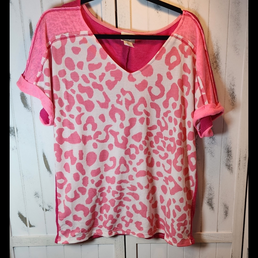 BiBi Pink and White Graphic Cuffed Sleeve Tee - Picture 2 of 7